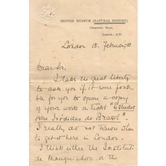 Carta manuscrita do British Museum para o Instituto Oswaldo Cruz (1910)