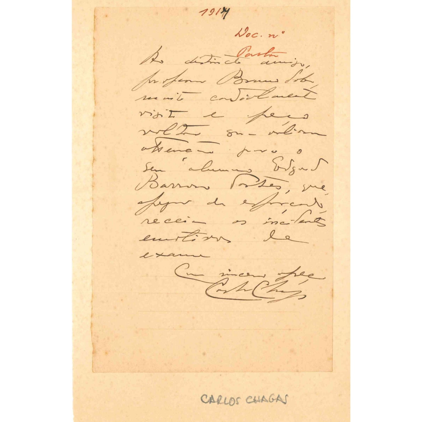 Carta manuscrita de Carlos Chagas (1917) Cartas Com certificado de autenticidade e garantia