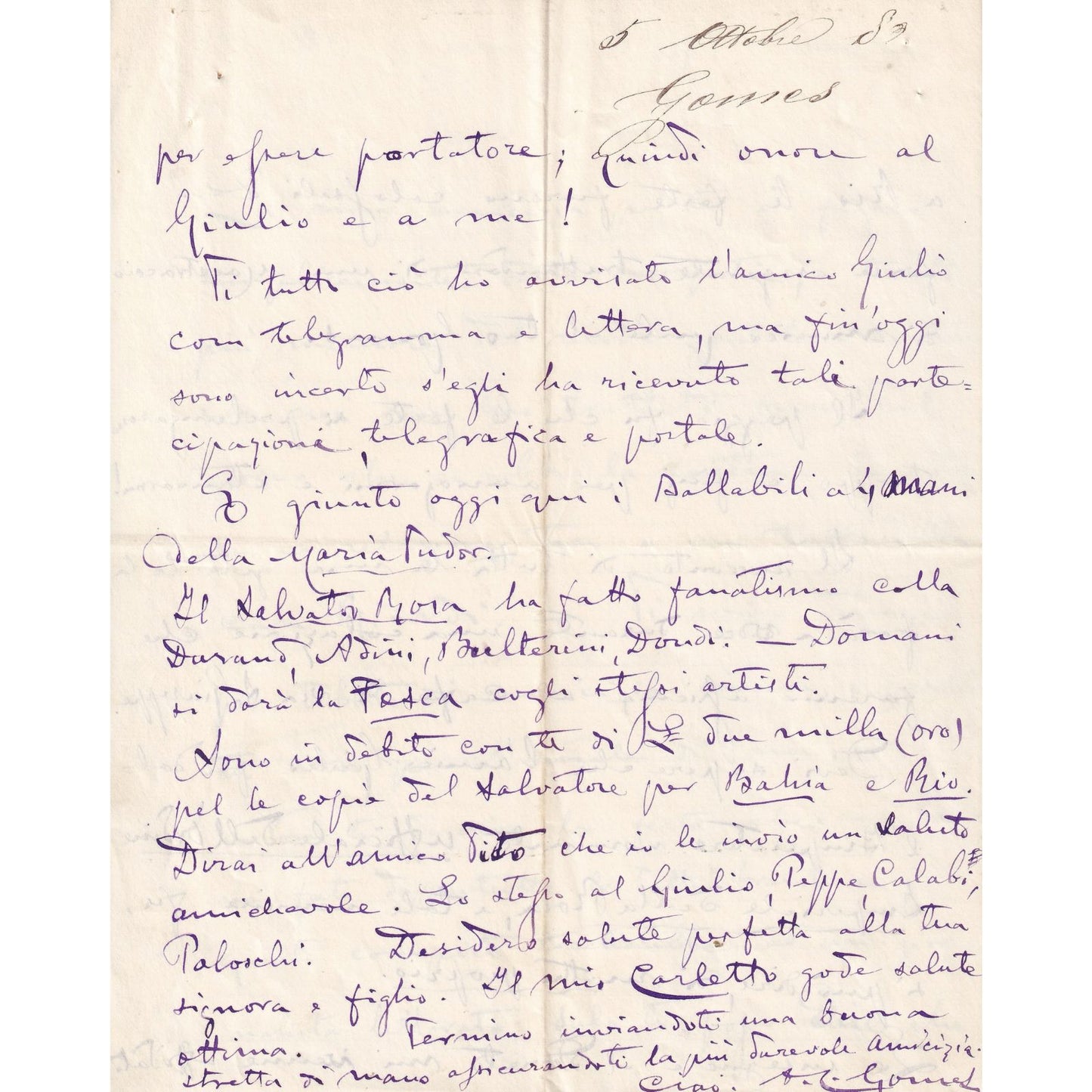 Carta manuscrita de Carlos Gomes (1880) Cartas Com certificado de autenticidade e garantia