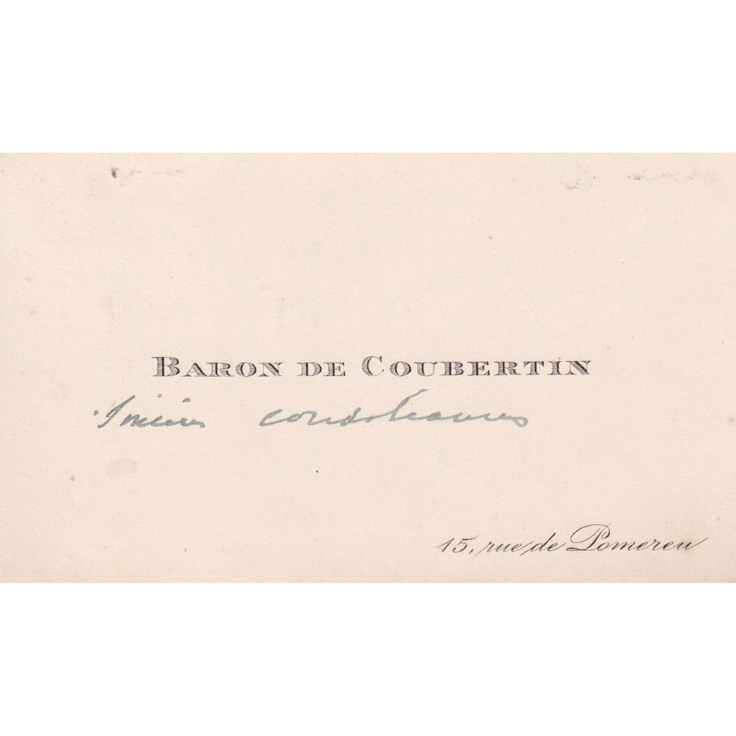 Cartão de visita com linha manuscrita do Barão de Coubertin Autógrafos e dedicatórias Com certificado de autenticidade e garantia
