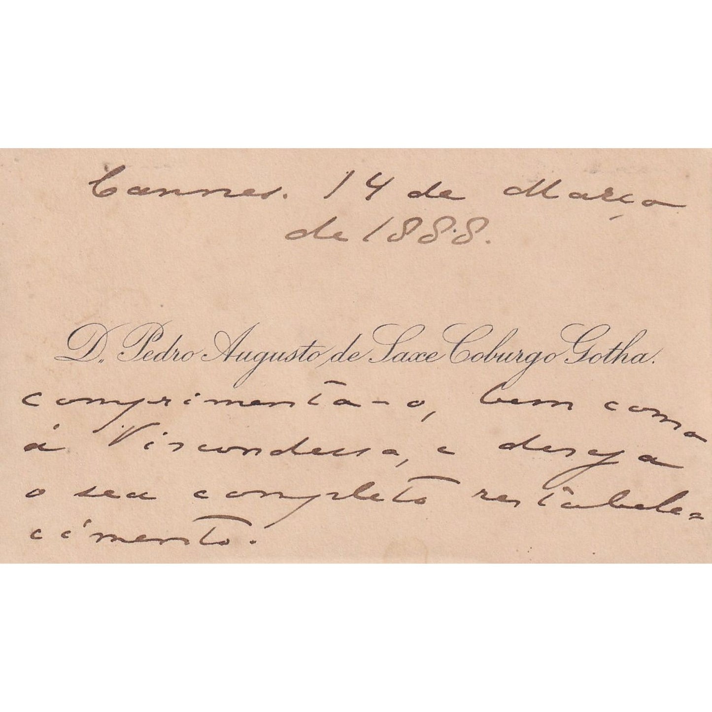 Cartão de visitas autógrafo de Dom Pedro Augusto (1888) Autógrafos e dedicatórias Com certificado de autenticidade e garantia