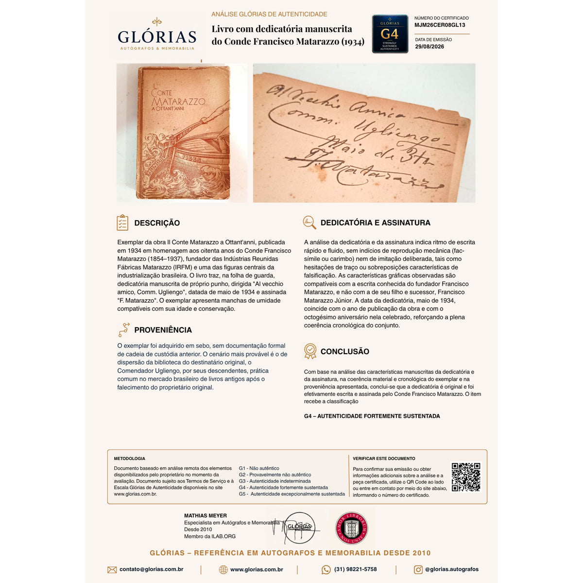 Livro com dedicatória manuscrita do Conde Francisco Matarazzo (1934) Livros autografados Com certificado de autenticidade e garantia