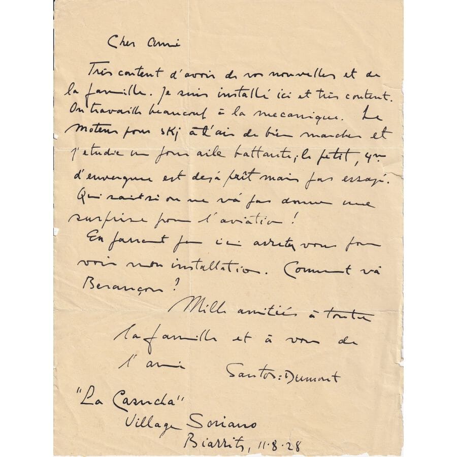 Carta manuscrita de Santos Dumont para Tissandier (1928) Autógrafos e dedicatórias Com certificado de autenticidade e garantia