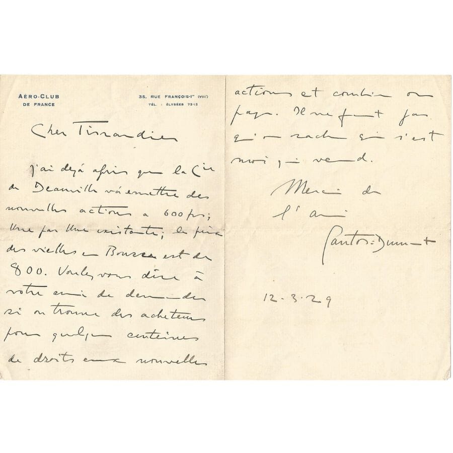 Carta manuscrita de Santos Dumont para Tissandier (1929) Autógrafos e dedicatórias Com certificado de autenticidade e garantia