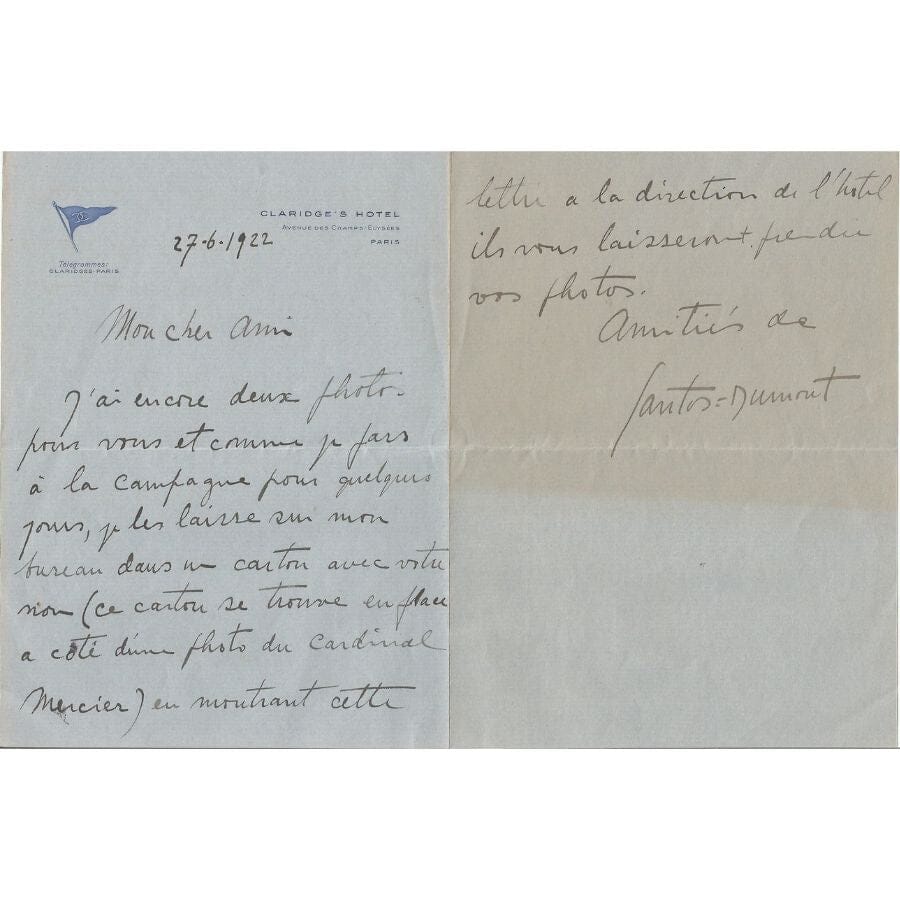 Carta manuscrita de Santos Dumont para um amigo (1922) Autógrafos e dedicatórias Com certificado de autenticidade e garantia