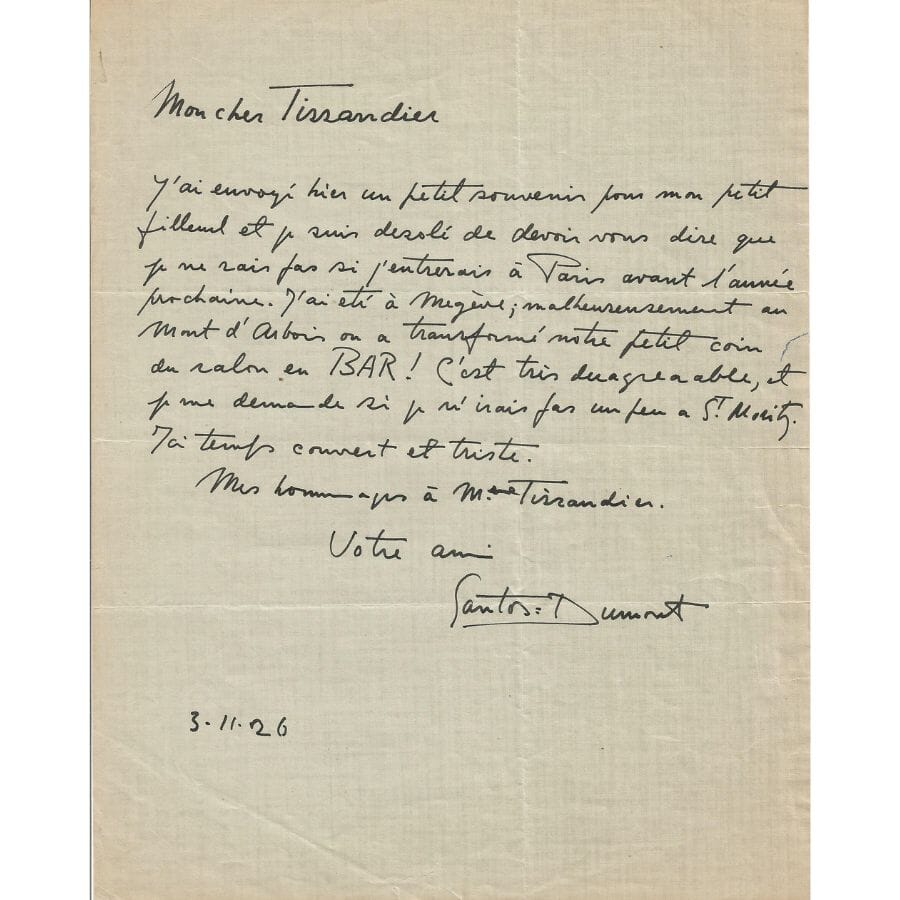 Carta manuscrita de Santos Dumont para Tissandier (1926) Autógrafos e dedicatórias Com certificado de autenticidade e garantia