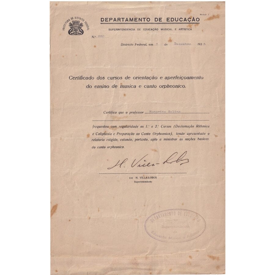 Certificado assinado por Heitor Villa-Lobos (1935) Diversos Com certificado de autenticidade e garantia