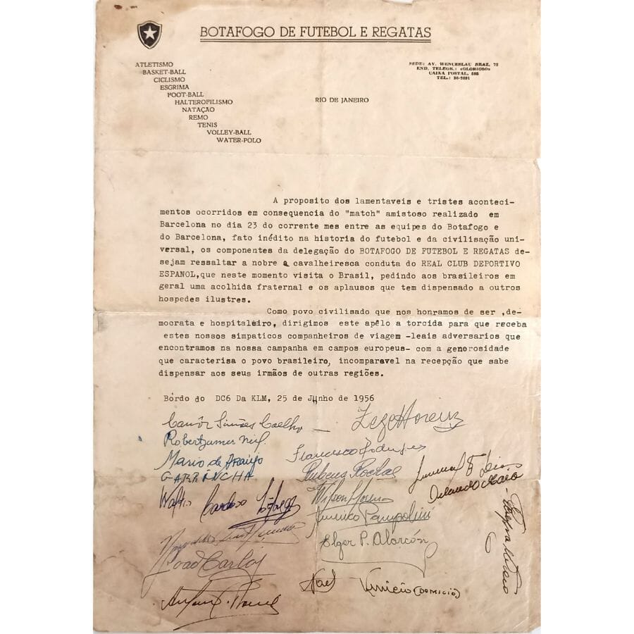 Assinaturas do Garrincha, Quarentinha e outros jogadores em uma carta surpreendente do Botafogo (1963) Autógrafos e dedicatórias Com certificado de autenticidade e garantia