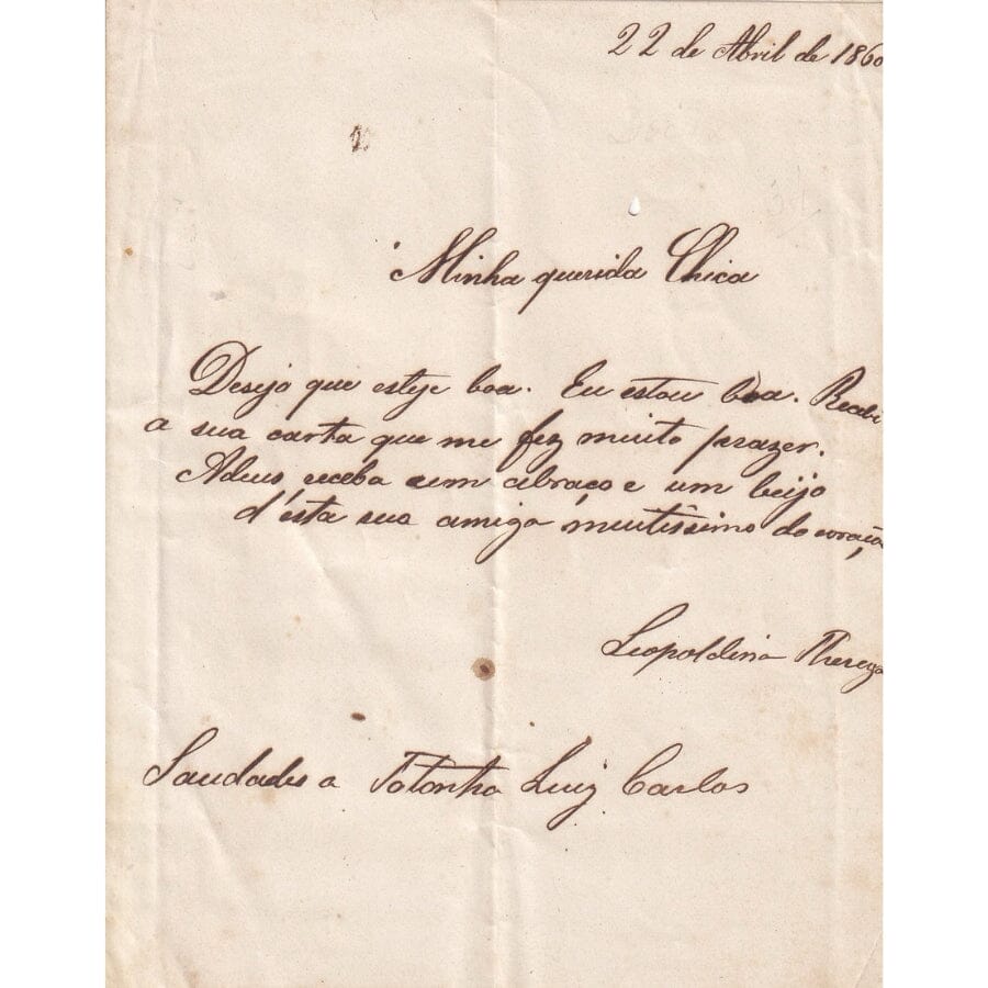 Pequeno bilhete manuscrito de Leopoldina (1860) Cartas Com certificado de autenticidade e garantia