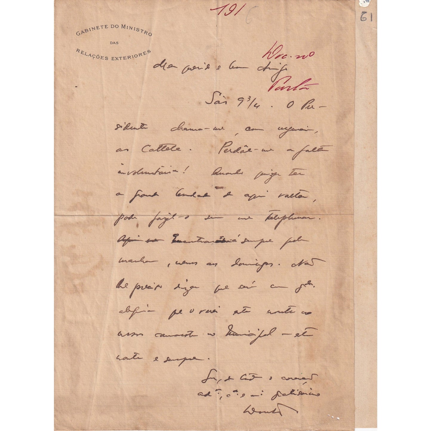 Carta manuscrita de Luiz Martins de Souza Dantas (1920s, 1930s) Autógrafos e dedicatórias Com certificado de autenticidade e garantia
