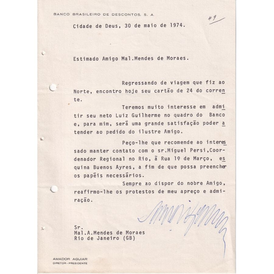 Carta assinada por Amador Aguiar, fundador do Bradesco (1974) Com certificado de autenticidade e garantia