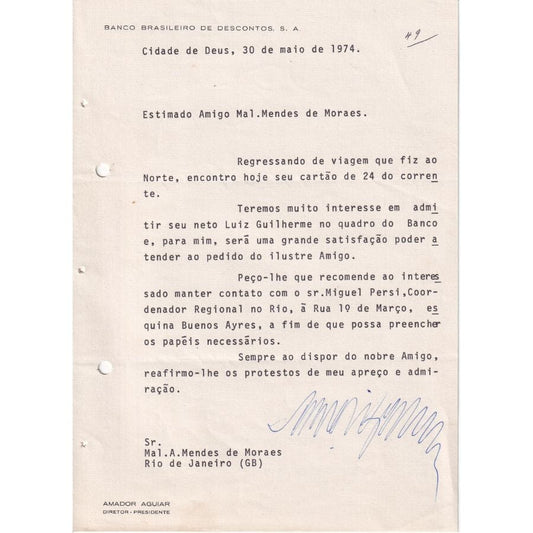 Carta assinada por Amador Aguiar, fundador do Bradesco (1974) Com certificado de autenticidade e garantia 