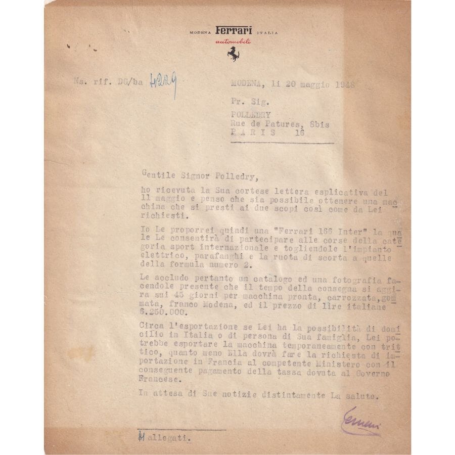 Duas cartas assinadas por Enzo Ferrari (1948) Autógrafos e dedicatórias Com certificado de autenticidade e garantia