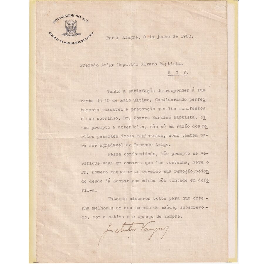 Carta assinada por Getúlio Vargas (1928) Cartas Com certificado de autenticidade e garantia