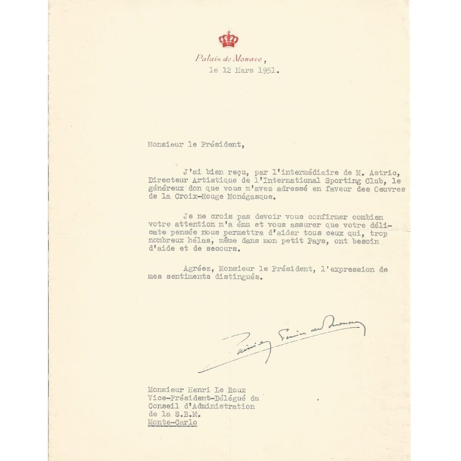 Carta assinada pelo Príncipe Rainier de Mônaco (1951) Cartas Com certificado de autenticidade e garantia