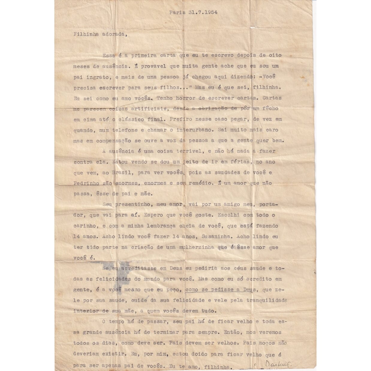Carta assinada por Vinicius de Moraes (1954) Cartas Glórias, especialista em documentos autógrafos raros
