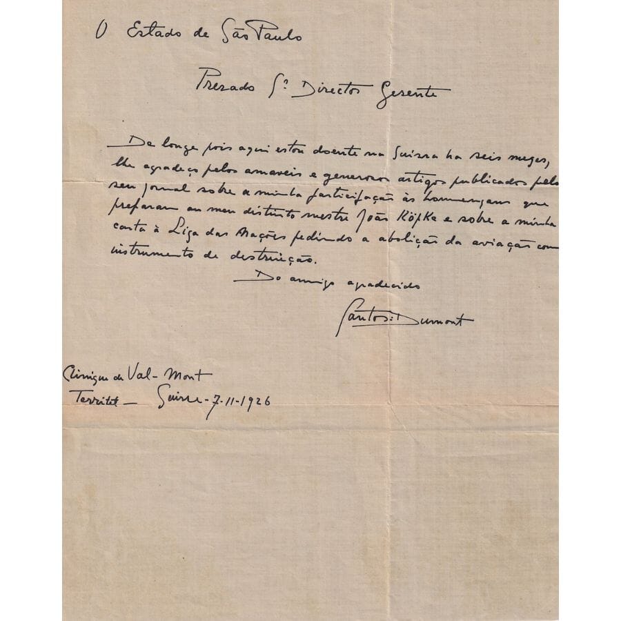 Carta manuscrita de Alberto Santos Dumont (1926) Com certificado de autenticidade e garantia