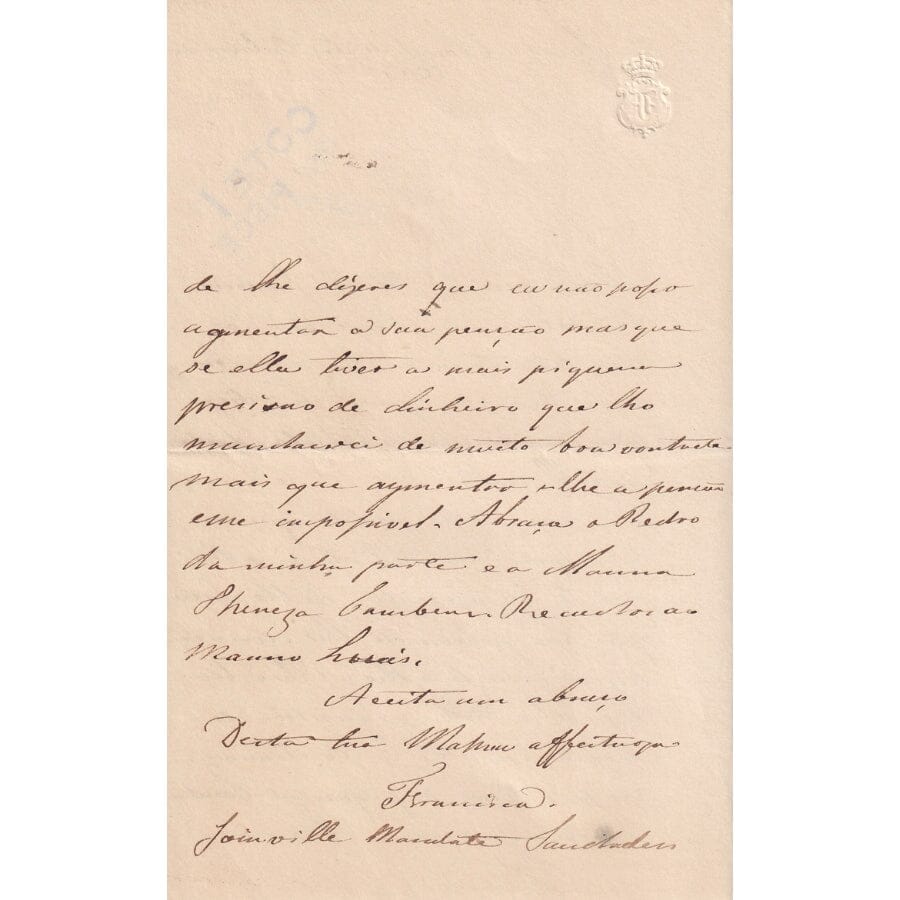Carta manuscrita e assinada pela Princesa Francisca (1844) Cartas Com certificado de autenticidade e garantia