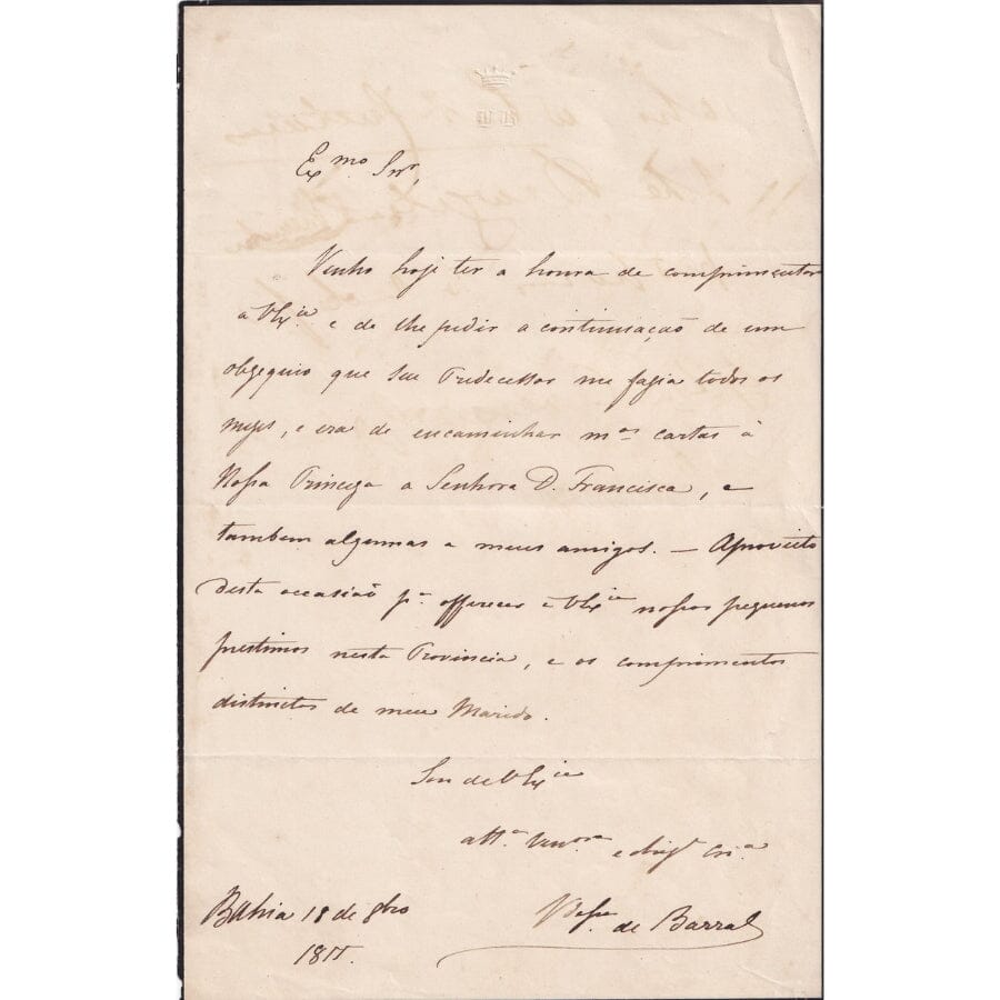 Carta manuscrita da Condessa de Barral (1855) Cartas Com certificado de autenticidade e garantia