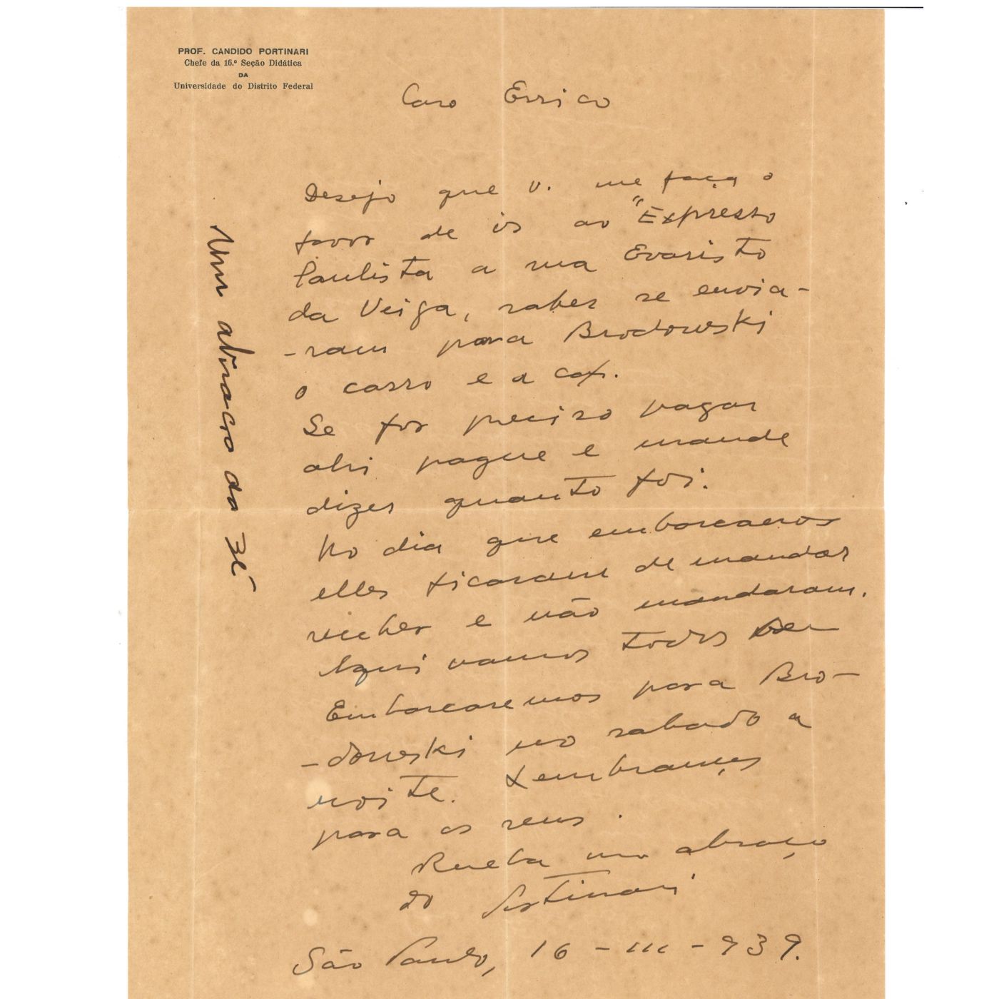 Carta manuscrita de Cândido Portinari (1939) Desenhos Com certificado de autenticidade e garantia