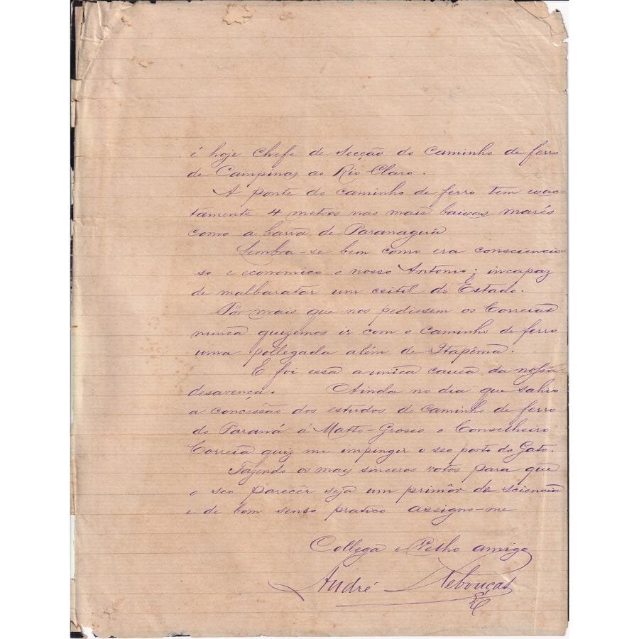 Carta manuscrita de André Rebouças (1874) Cartas Com certificado de autenticidade e garantia