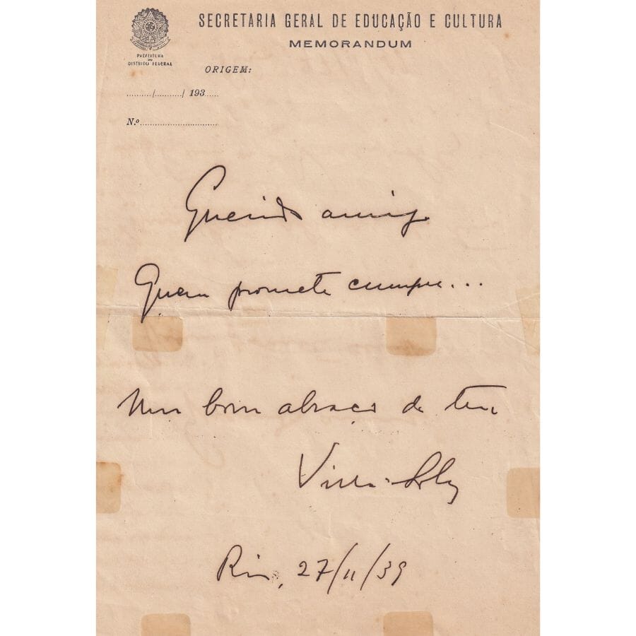 Carta manuscrita Heitor Villa-Lobos (1939) Com certificado de autenticidade e garantia