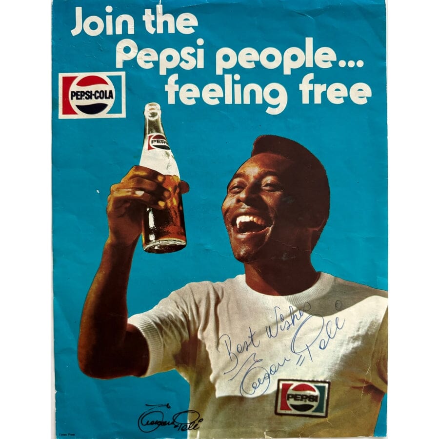 Cartaz publicitário da Pepsi autografado por Pelé (anos 1970) Fotografias Com certificado de autenticidade e garantia