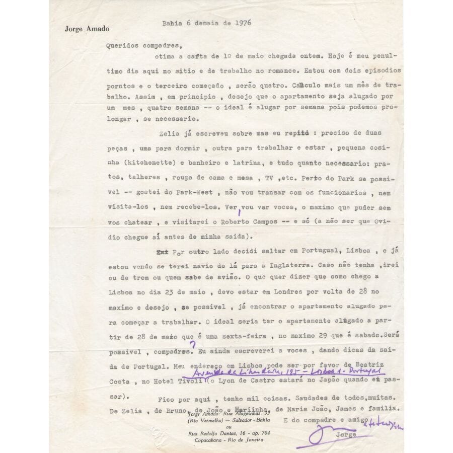 Correspondência de Jorge Amado e Zélia Gattai (1960s, 1970s, 1980s, 1990s) Com certificado de autenticidade e garantia