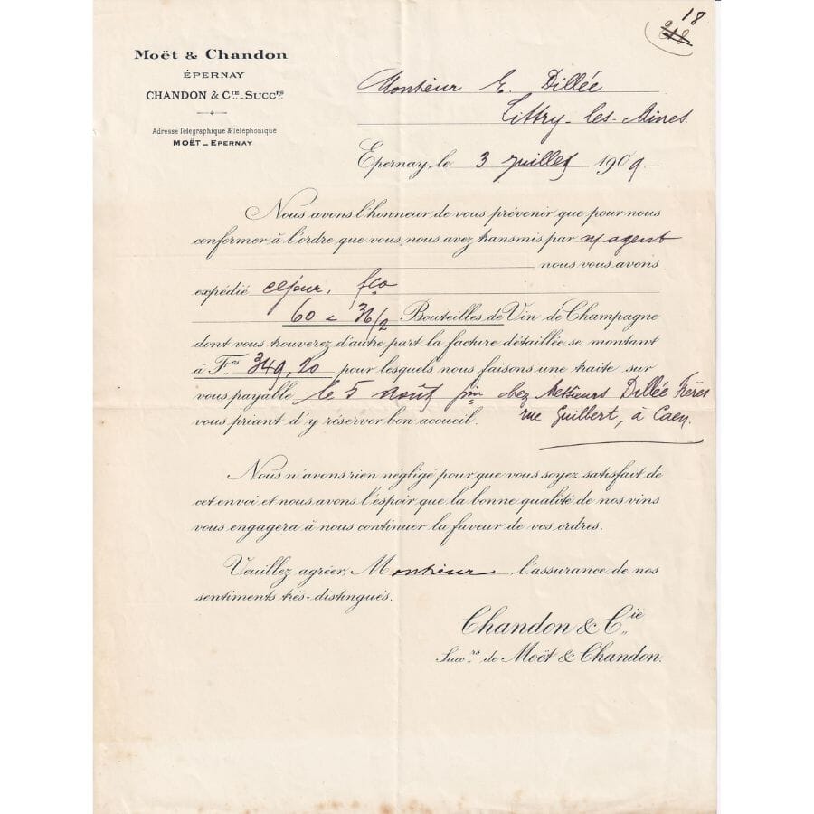 Fatura da Moët & Chandon (1909) Fatura Com certificado de autenticidade e garantia