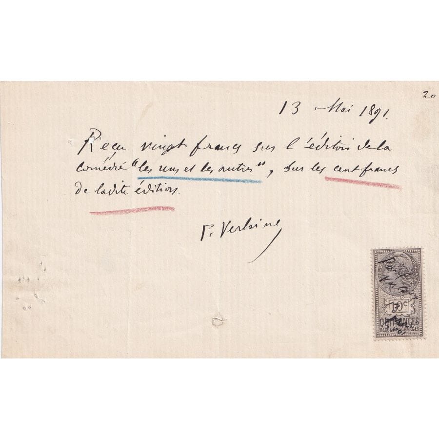 Recibo manuscrito de Paul Verlaine (1891) Autógrafos e dedicatórias Com certificado de autenticidade e garantia