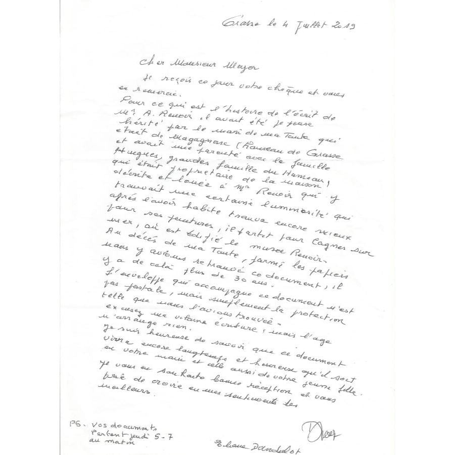 Carta manuscrita de Auguste Renoir (1900) Cartas Com certificado de autenticidade e garantia