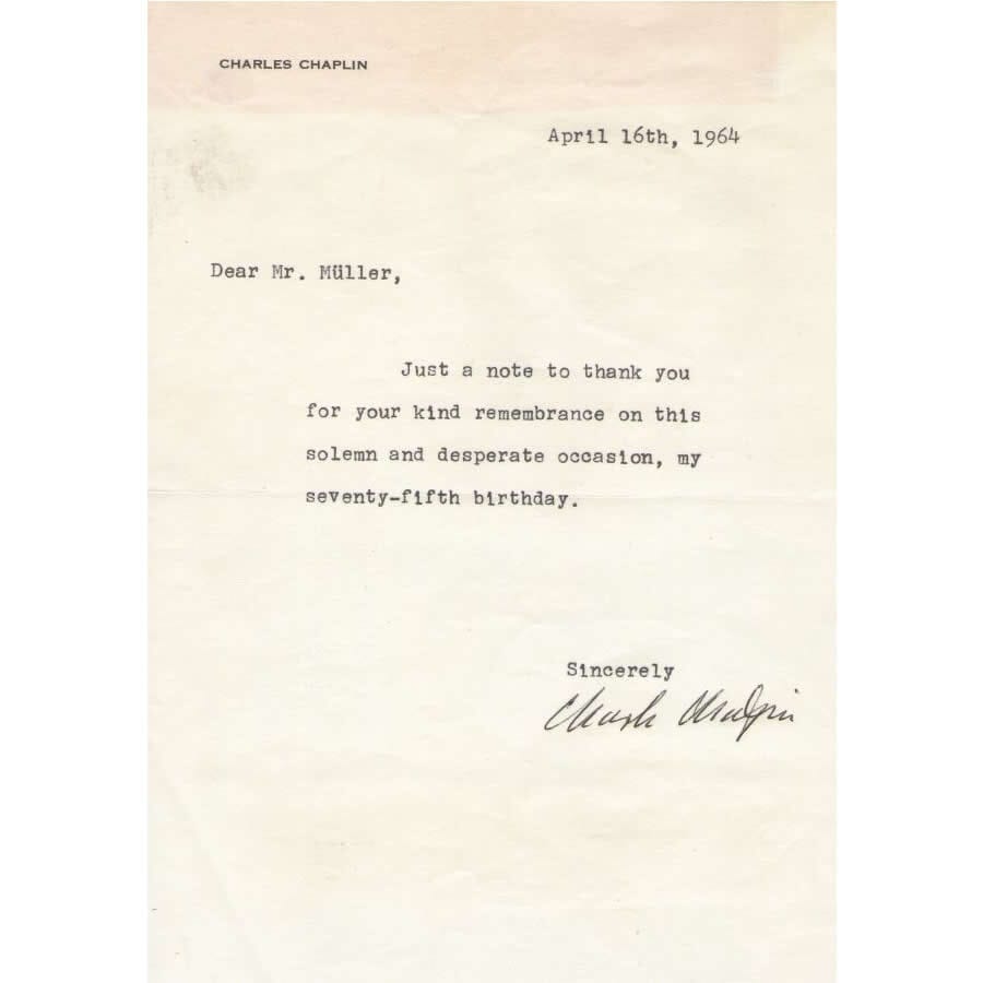 Carta assinada por Charlie Chaplin (1964) Cartas Com certificado de autenticidade e garantia 