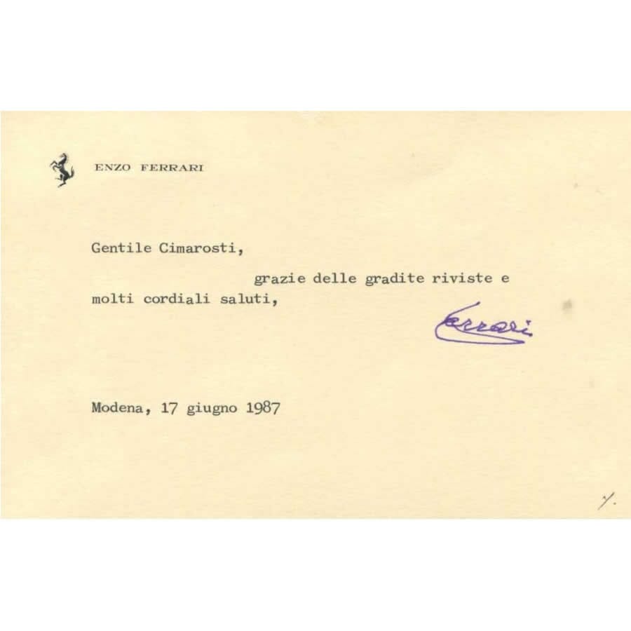 Carta assinada por Enzo Ferrari (1987) Cartas Com certificado de autenticidade e garantia 