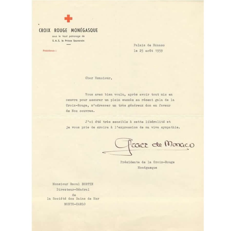 Carta assinada pela Princesa Grace de Mônaco (1959) Cartas Com certificado de autenticidade e garantia 