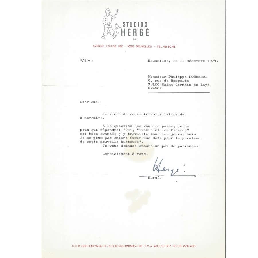 Carta assinada por Hergé (1974) Cartas Com certificado de autenticidade e garantia 
