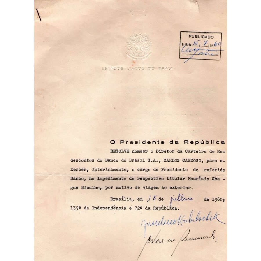 Carta assinada por Juscelino Kubitschek (1960) Cartas Com certificado de autenticidade e garantia 