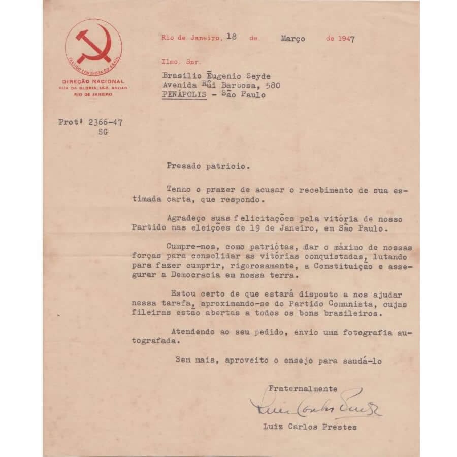 Carta assinada por Luís Carlos Prestes (1947) Cartas Com certificado de autenticidade e garantia 