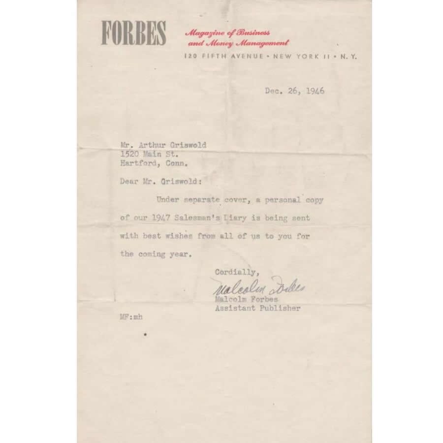 Carta assinada por Malcolm Forbes (1946) Cartas Com certificado de autenticidade e garantia