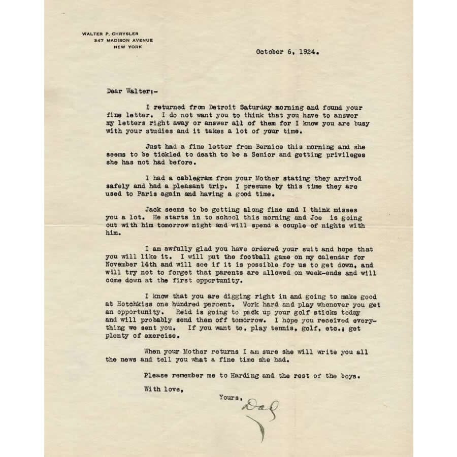 Carta assinada por Walter Chrysler (1924) Cartas Com certificado de autenticidade e garantia 