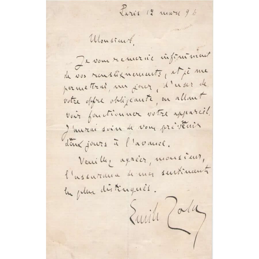 Carta manuscrita de Emile Zola (1896) Cartas Com certificado de autenticidade e garantia 