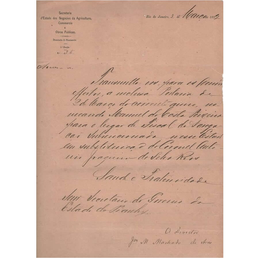 Carta manuscrita de Machado de Assis (1892 ou 1894) Cartas Com certificado de autenticidade e garantia 