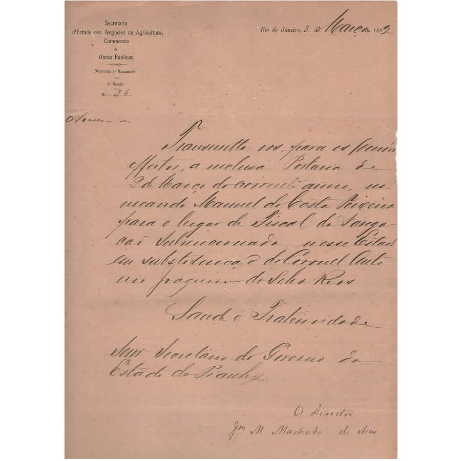 Carta manuscrita de Machado de Assis (1892 ou 1894) Cartas Com certificado de autenticidade e garantia
