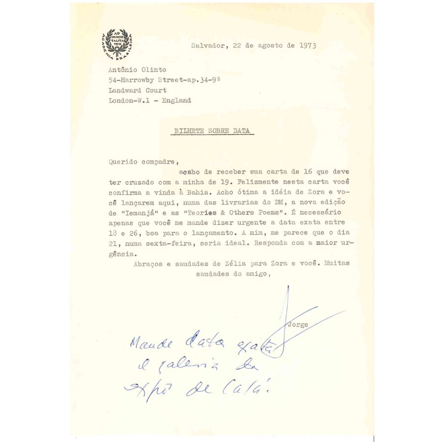 Carta de Jorge Amado (1973) Autógrafos e dedicatórias Com certificado de autenticidade e garantia