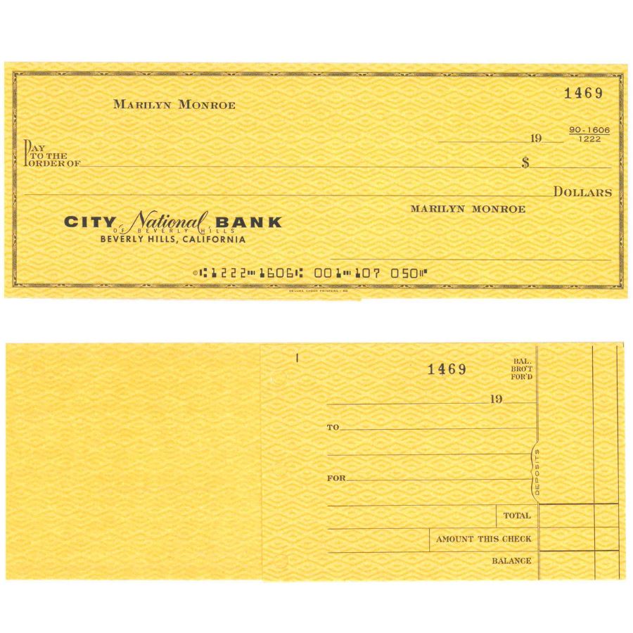 Cheque de Marilyn Monroe Autógrafos e dedicatórias Com certificado de autenticidade e garantia