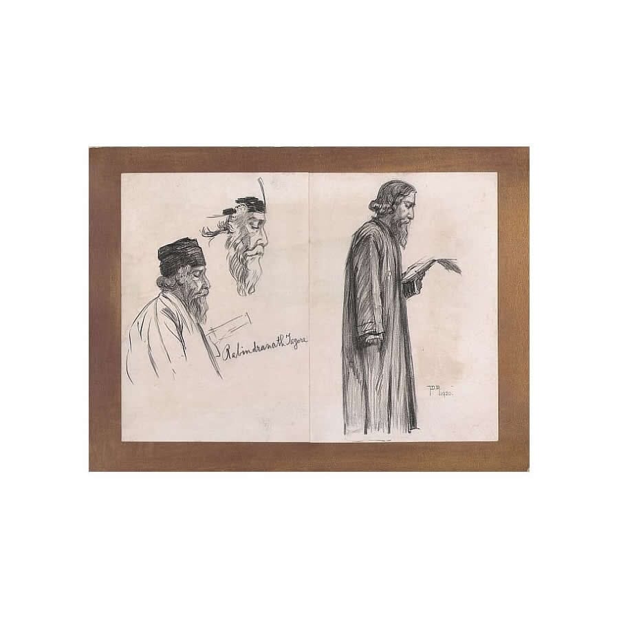 Desenho autografado por Rabindranath Tagore (1920) Autógrafos e dedicatórias Com certificado de autenticidade e garantia 