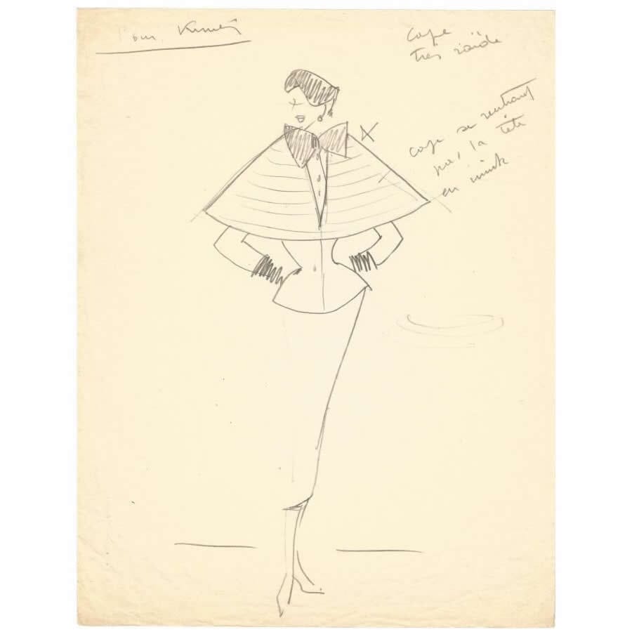 Desenho de moda de Hubert de Givenchy (anos 1950) Desenhos Com certificado de autenticidade e garantia 