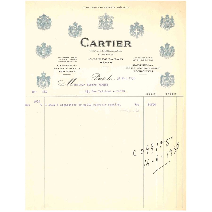 Fatura da Cartier (1938) Fatura Com certificado de autenticidade e garantia