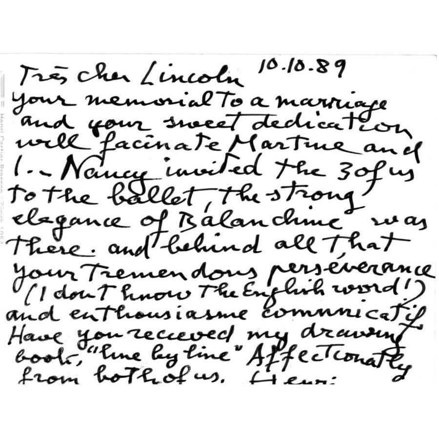 Postal manuscrito Henri Cartier-Bresson para Lincoln Kirstein (1989) Cartas Com certificado de autenticidade e garantia 