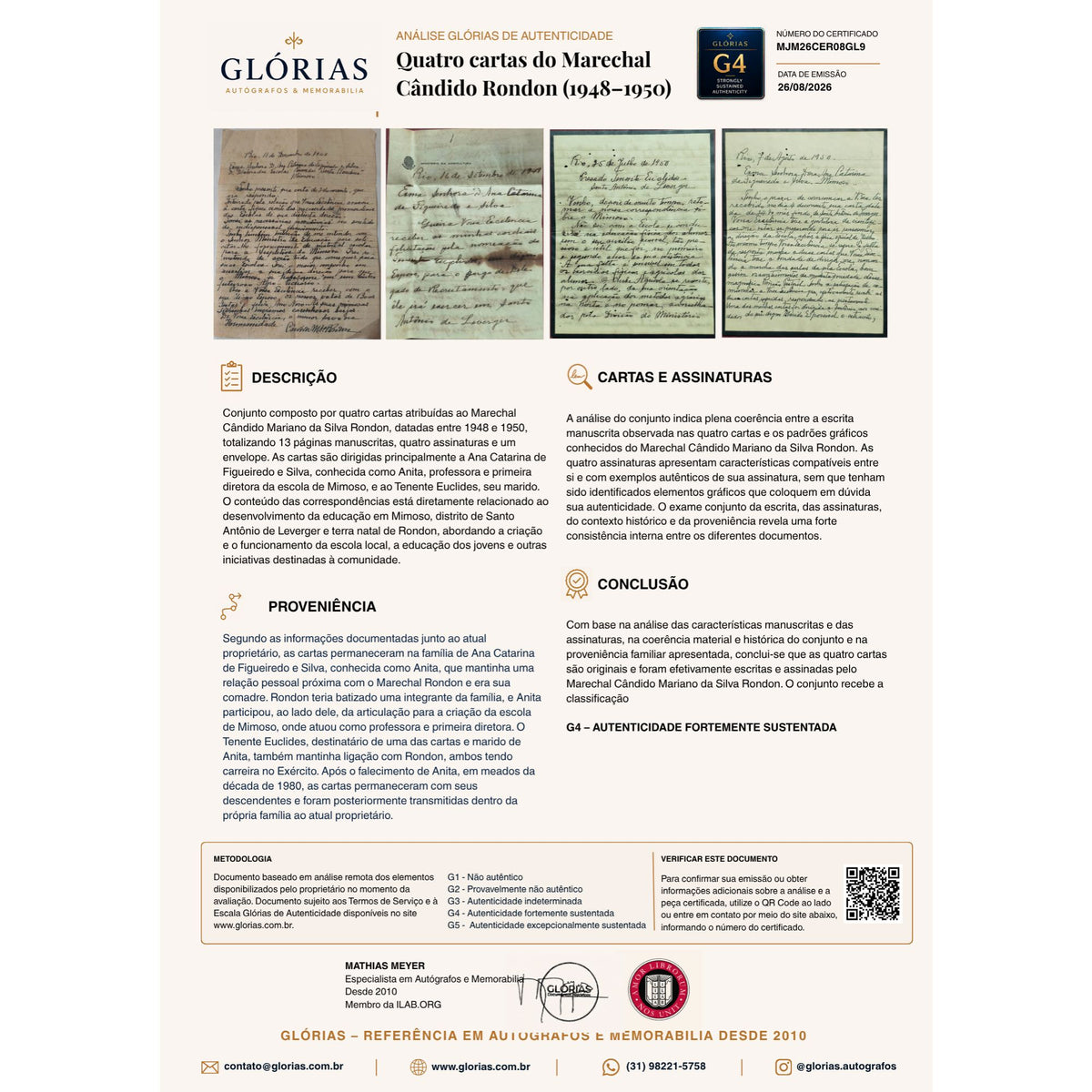 Quatro cartas do Marechal Cândido Rondon (1948–1950) Cartas Com certificado de autenticidade e garantia 