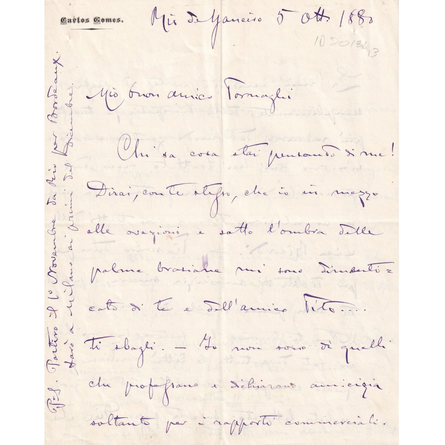 Carta manuscrita de Carlos Gomes (1880) Cartas Com certificado de autenticidade e garantia 